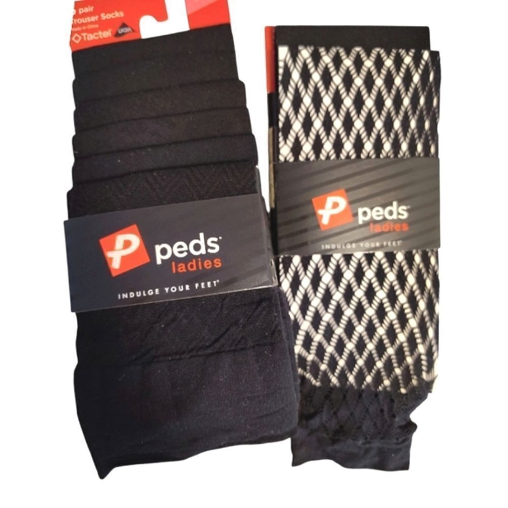 PEDS 8 Pairs Black Fishnet and Solid Black Trouser‎ Socks Women's Size 5- 10 NWT